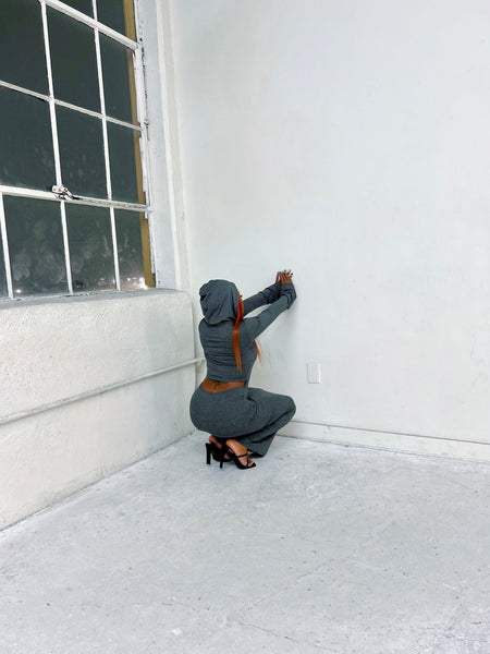 "Body" Hooded Ribbed Knit Dress (Charcoal)