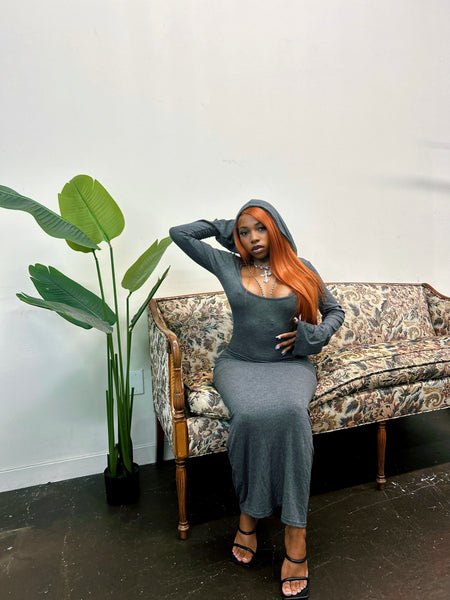 "Body" Hooded Ribbed Knit Dress (Charcoal)