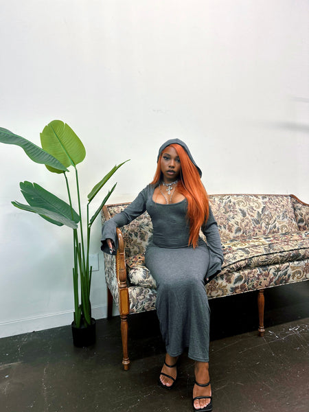 "Body" Hooded Ribbed Knit Dress (Charcoal)