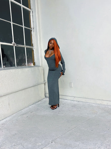 "Body" Hooded Ribbed Knit Dress (Charcoal)