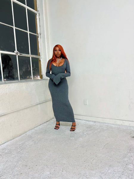 "Body" Hooded Ribbed Knit Dress (Charcoal)