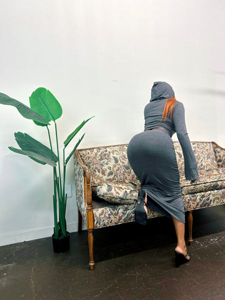 "Body" Hooded Ribbed Knit Dress (Charcoal)