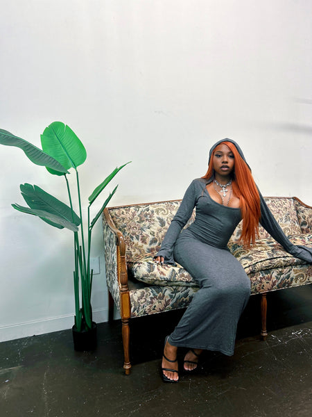 "Body" Hooded Ribbed Knit Dress (Charcoal)