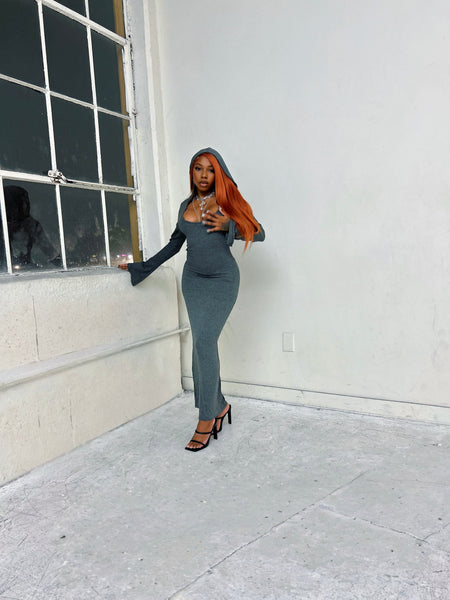 "Body" Hooded Ribbed Knit Dress (Charcoal)