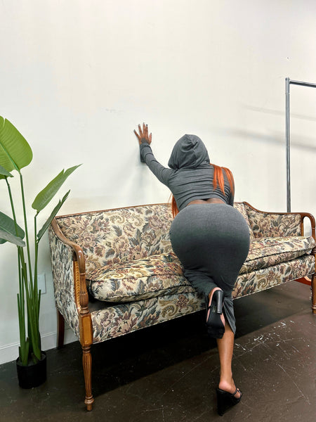 "Body" Hooded Ribbed Knit Dress (Charcoal)