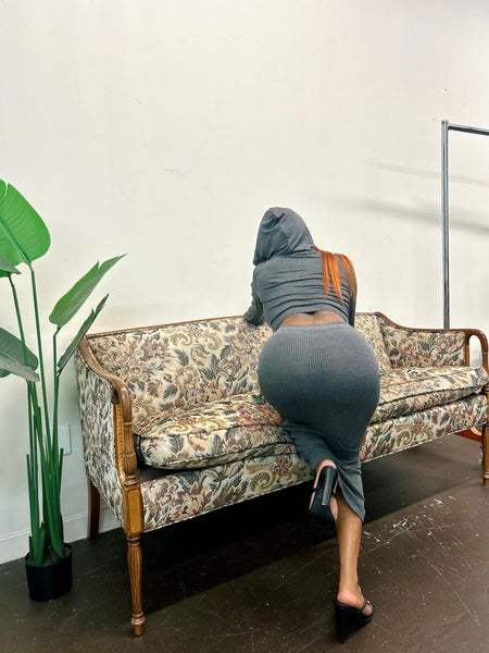 "Body" Hooded Ribbed Knit Dress (Charcoal)